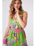 Light patterned dress with a belt, green and pink 03040 - Online store - Boutique